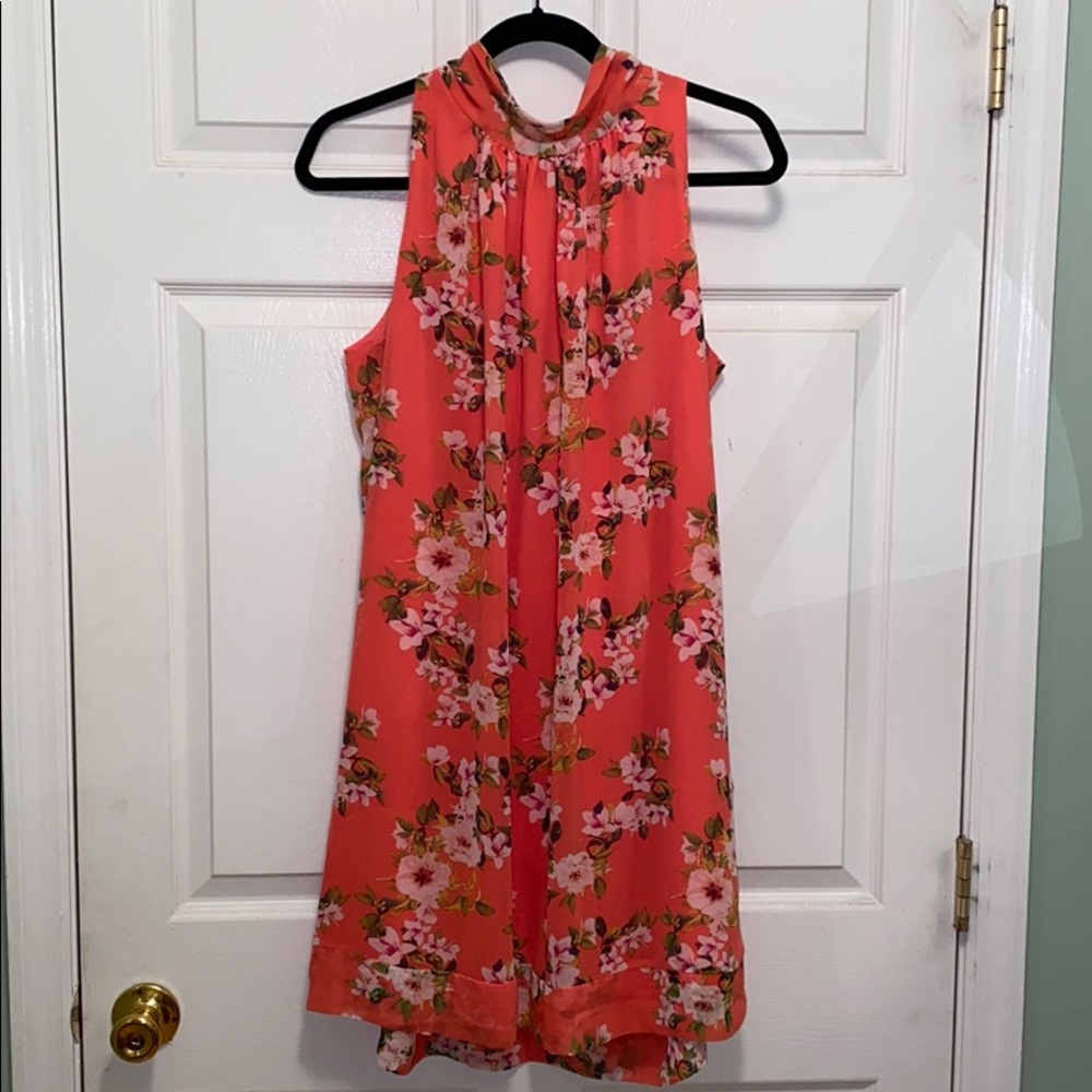 Coral high neck loose floral print dress